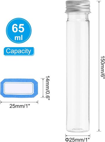 PATIKIL 65ml Test Tubes Set, 24pcs 6x1" Plastic Clear Flat Bottom Test Tube Containers with Labels for Bead Party Candy Bath Salt Storage Plant Propagation, Silver Cap in Saudi Arabia