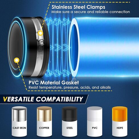 Enhon 4 قطع غطاء أنبوب PVC مرن، مع مشبك من الفولاذ المقاوم للصدأ، 1-1/2 بوصة، 2 بوصة، 3 بوصة، 4 بوصة أنبوب اسمي، غطاء مجاري مرن، متوافق مع وصلات السباكة من الحديد الزهر والبلاستيك والنحاس in Kuwait