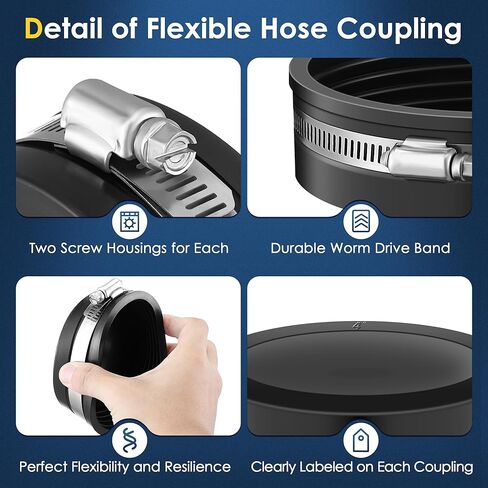 Enhon 4 قطع غطاء أنبوب PVC مرن، مع مشبك من الفولاذ المقاوم للصدأ، 1-1/2 بوصة، 2 بوصة، 3 بوصة، 4 بوصة أنبوب اسمي، غطاء مجاري مرن، متوافق مع وصلات السباكة من الحديد الزهر والبلاستيك والنحاس in Kuwait