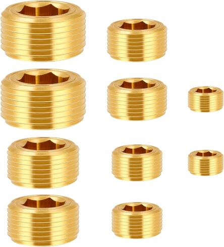 10 Pcs Pipe Plug Socket Set 5 Sizes Brass Fittings Brass Pipe Fitting 1/8" 1/4" 3/8" 1/2" 3/4" NPT Brass Pipe Plug Fitting Assortment Kit Male Internal Hex Thread Socket for Sealing Pipe Port in Saudi Arabia