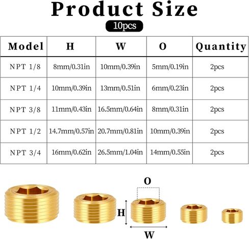 10 Pcs Pipe Plug Socket Set 5 Sizes Brass Fittings Brass Pipe Fitting 1/8" 1/4" 3/8" 1/2" 3/4" NPT Brass Pipe Plug Fitting Assortment Kit Male Internal Hex Thread Socket for Sealing Pipe Port in Saudi Arabia