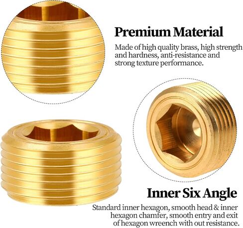 10 Pcs Pipe Plug Socket Set 5 Sizes Brass Fittings Brass Pipe Fitting 1/8" 1/4" 3/8" 1/2" 3/4" NPT Brass Pipe Plug Fitting Assortment Kit Male Internal Hex Thread Socket for Sealing Pipe Port in Saudi Arabia