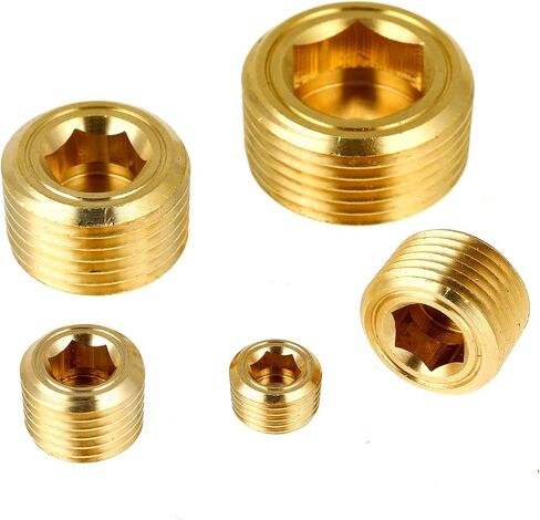 10 Pcs Pipe Plug Socket Set 5 Sizes Brass Fittings Brass Pipe Fitting 1/8" 1/4" 3/8" 1/2" 3/4" NPT Brass Pipe Plug Fitting Assortment Kit Male Internal Hex Thread Socket for Sealing Pipe Port in Saudi Arabia