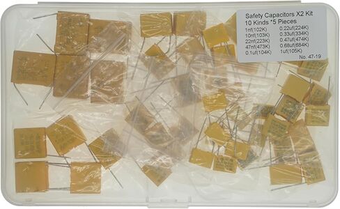 10 Values x 5 Pieces, Total 50 Pieces，Plug in Polypropylene Safety Capacitors 275VAC X2 Assorted Kit (0.001uF,0.01uF,0.022uF,0.047uF,0.1uF,0.22uF,0.33uF,0.47uF,0.68uF,1uF) in Saudi Arabia
