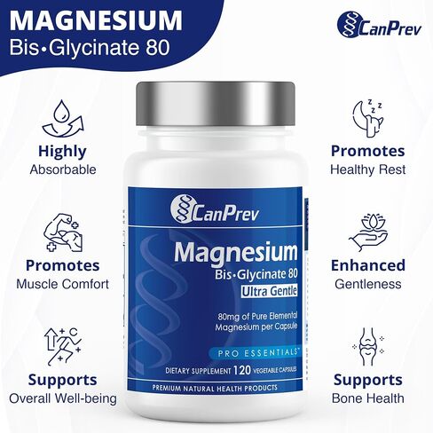 CanPrev - Magnesium Biglycinate Chelated 80 mg Ultra Gentle 120 Caps - Muscle Health, Bone Health and Cramp Relief- 3rd Party Tested - Formulated & Made in Canada in Kuwait