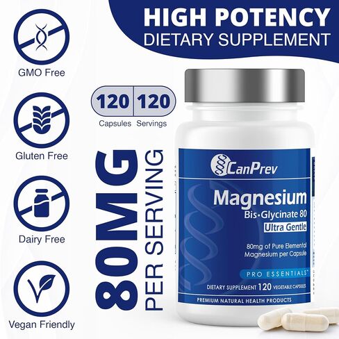 CanPrev - Magnesium Biglycinate Chelated 80 mg Ultra Gentle 120 Caps - Muscle Health, Bone Health and Cramp Relief- 3rd Party Tested - Formulated & Made in Canada in Kuwait