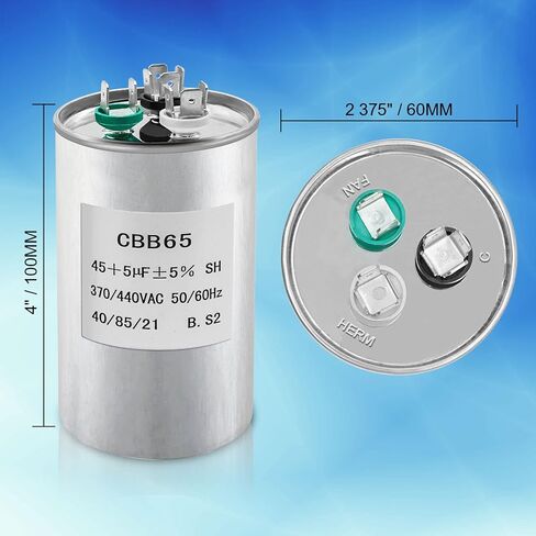 مكثف مكيف الهواء، CBB65 45+5uF±5% 370/440 VAC 50/60 هرتز ثلاثة منافذ مكثف تشغيل مزدوج لمكثف المضخة الحرارية لمكيف الهواء والمروحة، مكثفات تيار متردد آمنة in Saudi Arabia