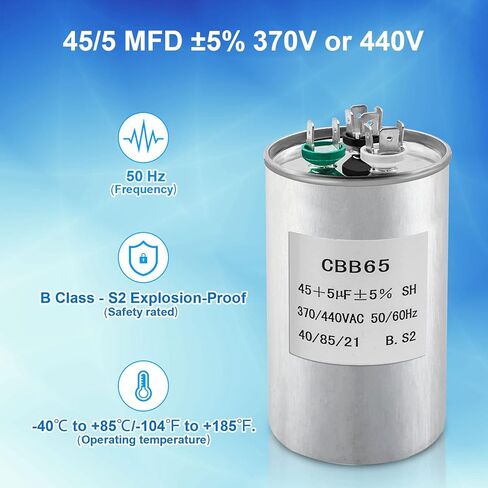 مكثف مكيف الهواء، CBB65 45+5uF±5% 370/440 VAC 50/60 هرتز ثلاثة منافذ مكثف تشغيل مزدوج لمكثف المضخة الحرارية لمكيف الهواء والمروحة، مكثفات تيار متردد آمنة in Saudi Arabia