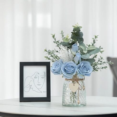 وردة صناعية من LVXINLI، مع مزهرية طباعة سيراميك، زهرة صناعية حريرية، مناسبة لتزيين المناسبات العائلية، وتزيين الطاولة، وتزيين الزفاف باللون الأزرق in Kuwait