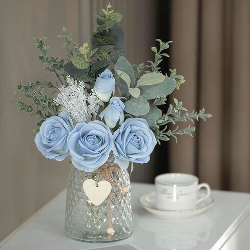 وردة صناعية من LVXINLI، مع مزهرية طباعة سيراميك، زهرة صناعية حريرية، مناسبة لتزيين المناسبات العائلية، وتزيين الطاولة، وتزيين الزفاف باللون الأزرق in Kuwait