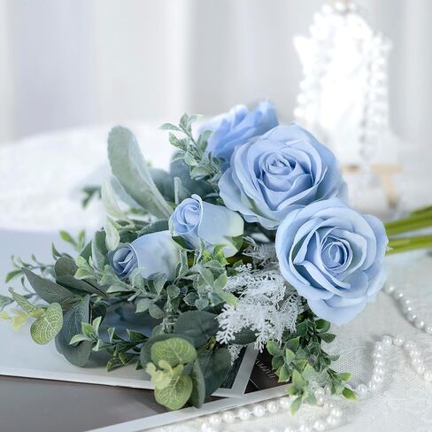 وردة صناعية من LVXINLI، مع مزهرية طباعة سيراميك، زهرة صناعية حريرية، مناسبة لتزيين المناسبات العائلية، وتزيين الطاولة، وتزيين الزفاف باللون الأزرق in Kuwait