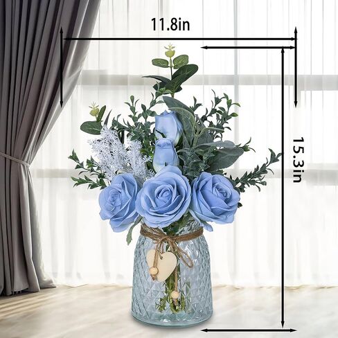 وردة صناعية من LVXINLI، مع مزهرية طباعة سيراميك، زهرة صناعية حريرية، مناسبة لتزيين المناسبات العائلية، وتزيين الطاولة، وتزيين الزفاف باللون الأزرق in Kuwait