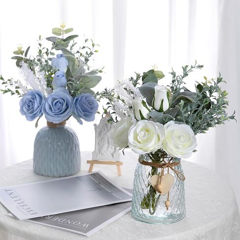 وردة صناعية من LVXINLI، مع مزهرية طباعة سيراميك، زهرة صناعية حريرية، مناسبة لتزيين المناسبات العائلية، وتزيين الطاولة، وتزيين الزفاف باللون الأزرق in Kuwait
