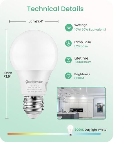 4-حزمة لمبة إضاءة LED A19 قابلة للتعتيم، 10 وات (ما يعادل 60 وات)، 800 لومن، 3000 كلفن لمبات إضاءة بيضاء دافئة، مصابيح LED بقاعدة قياسية E26، إضاءة لغرفة النوم، غرفة المعيشة، قائمة UL W22A1905 in Kuwait