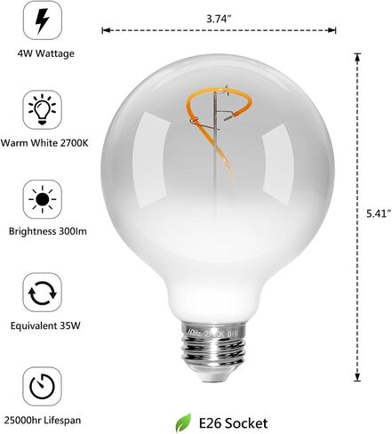 ONEWISH LED Light Bulb, G95 LED Globe Bulbs, Warm White 300LM 2700K 4W, 35W Equivalent, E26 Standard Base,LED Edison Light Bulb for Home Decor,1 Pack in Saudi Arabia