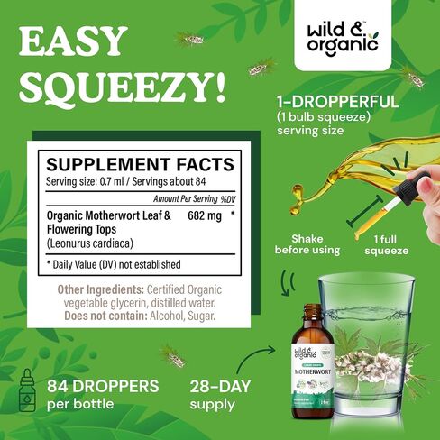 Wild & Organic Motherwort Tincture - Mood Support Supplement w/Motherwort - Alcohol-Free Motherwort Extract Drops - Herbal Formula w/Motherwort Herb - Vegan Women Supplements - 2 fl oz in Kuwait