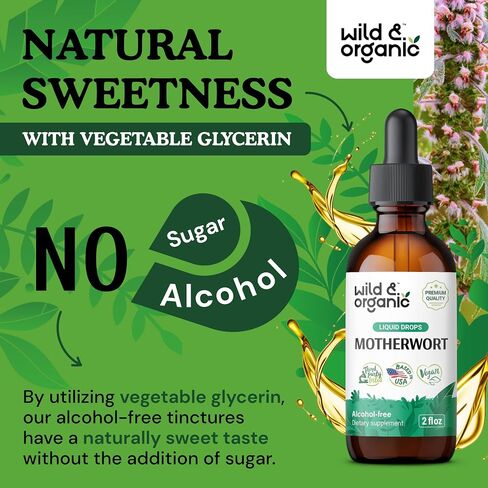 Wild & Organic Motherwort Tincture - Mood Support Supplement w/Motherwort - Alcohol-Free Motherwort Extract Drops - Herbal Formula w/Motherwort Herb - Vegan Women Supplements - 2 fl oz in Kuwait