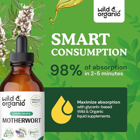 Wild & Organic Motherwort Tincture - Mood Support Supplement w/Motherwort - Alcohol-Free Motherwort Extract Drops - Herbal Formula w/Motherwort Herb - Vegan Women Supplements - 2 fl oz in Kuwait