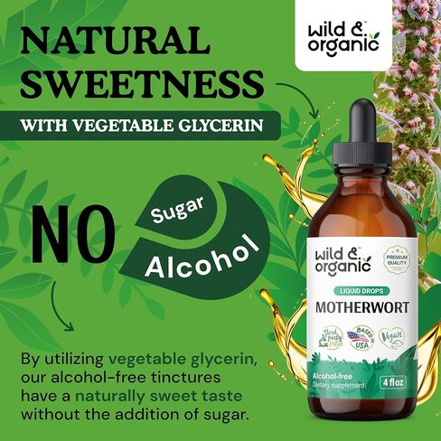 Wild & Organic Motherwort Tincture - Mood Support Supplement w/Motherwort - Alcohol-Free Motherwort Extract Drops - Herbal Formula w/Motherwort Herb - Vegan Women Supplements - 2 fl oz in Kuwait