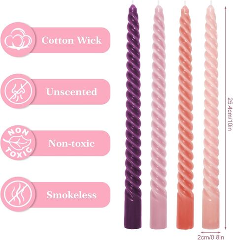 Whaline 8Pcs 10 Inch Pink Purple Gradient Color Spiral Taper Candles Dripless Twisted Wax Candles Long Unscented Candle Sticks for Wedding Displays Home Dining Table Supplies in Saudi Arabia