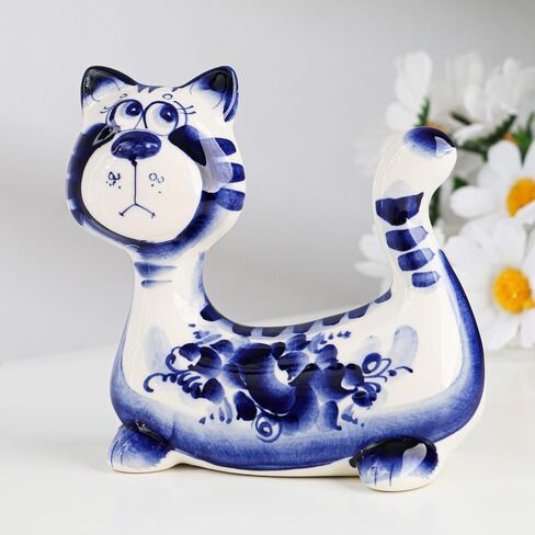 AEVVV Hand-Painted Gzhel Porcelain Cat Figurine, Traditional Russian Craft, Blue and White in Saudi Arabia