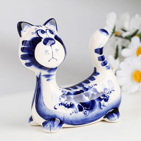 AEVVV Hand-Painted Gzhel Porcelain Cat Figurine, Traditional Russian Craft, Blue and White in Saudi Arabia