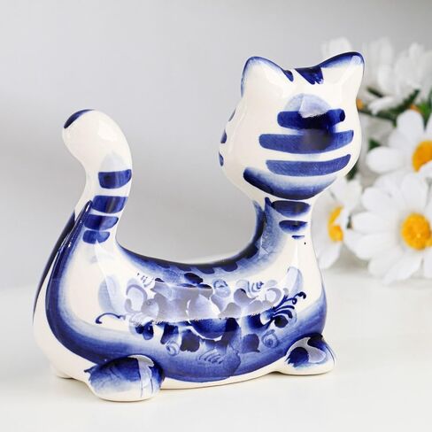 AEVVV Hand-Painted Gzhel Porcelain Cat Figurine, Traditional Russian Craft, Blue and White in Saudi Arabia