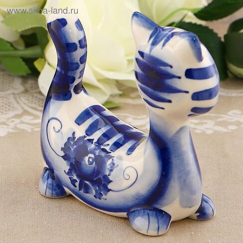 AEVVV Hand-Painted Gzhel Porcelain Cat Figurine, Traditional Russian Craft, Blue and White in Saudi Arabia