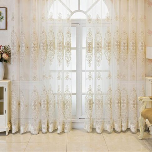 Amidoudou زوج واحد من الستائر الشفافة الأوروبية الفاخرة من قماش الجاكار المطرز من التول لغرفة المعيشة وغرفة النوم ستائر الفوال (أبيض، 39 × 84 بوصة) in Kuwait