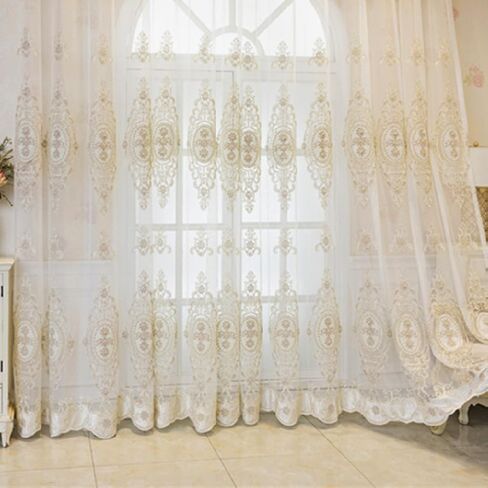 Amidoudou زوج واحد من الستائر الشفافة الأوروبية الفاخرة من قماش الجاكار المطرز من التول لغرفة المعيشة وغرفة النوم ستائر الفوال (أبيض، 39 × 84 بوصة) in Kuwait