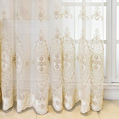 Amidoudou زوج واحد من الستائر الشفافة الأوروبية الفاخرة من قماش الجاكار المطرز من التول لغرفة المعيشة وغرفة النوم ستائر الفوال (أبيض، 39 × 84 بوصة) in Kuwait