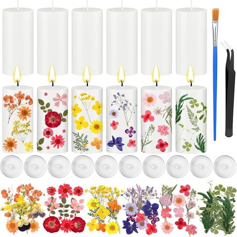 MTLEE 24 Pack Pressed Flower Candles Making Kit 6 White Pillar Candles 10 Tealight Candles 6 Set Pressed Flowers with Tweezer Brush for DIY Candles Crafts Birthday Wedding Centerpieces(4/6/8 Inch) in Saudi Arabia