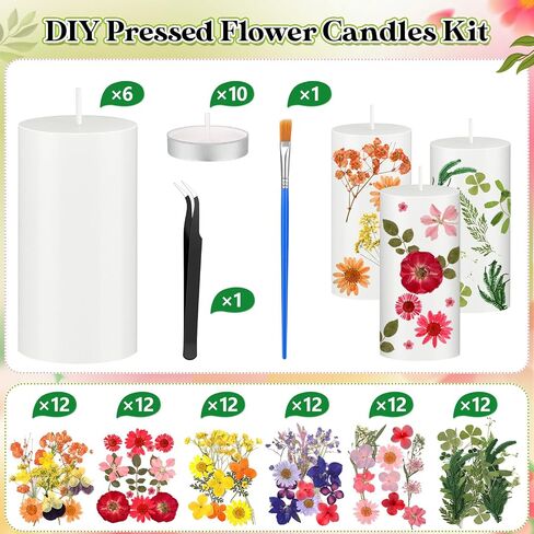 MTLEE 24 Pack Pressed Flower Candles Making Kit 6 White Pillar Candles 10 Tealight Candles 6 Set Pressed Flowers with Tweezer Brush for DIY Candles Crafts Birthday Wedding Centerpieces(4/6/8 Inch) in Saudi Arabia