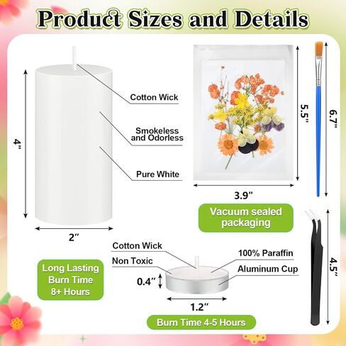 MTLEE 24 Pack Pressed Flower Candles Making Kit 6 White Pillar Candles 10 Tealight Candles 6 Set Pressed Flowers with Tweezer Brush for DIY Candles Crafts Birthday Wedding Centerpieces(4/6/8 Inch) in Saudi Arabia