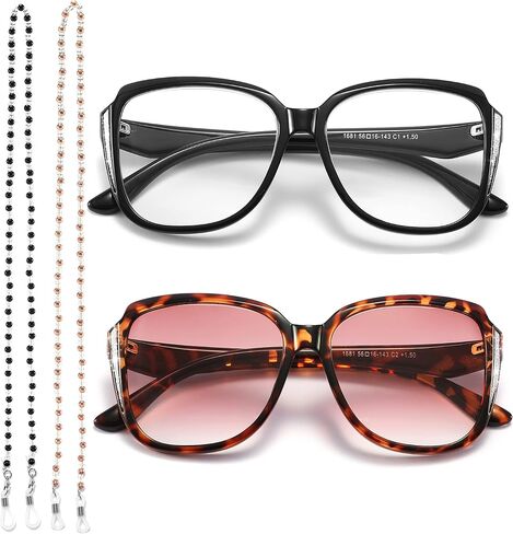 Stylish Cateye Reading Glasses, Large Frame Oversized Reader Sunglass with Fashion Eyeglasses Chain Portable for Women in Kuwait