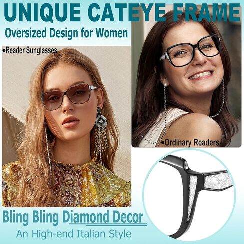 Stylish Cateye Reading Glasses, Large Frame Oversized Reader Sunglass with Fashion Eyeglasses Chain Portable for Women in Kuwait
