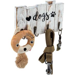 MyGift Wall Mounted Dog Leash Holder, 4-Hook Rustic Whitewashed Wood Hanging Key Hook Rack with Cursive Dogs Label, Heart and Paw Print Decals