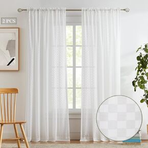 Melodieux Off White Gingham Sheer Curtains 63 Inch Length for Bedroom, Living Room Buffalo Check Plaid Light Filtering Rod Pocket Cotton Voile Drapes, 54" W x 63" L (2 Panels)