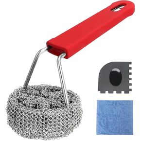Cast Iron Chainmail Scrubber with Handle - Cleaner for Pans and Pots - Premium Stainless Steel/Silicone Scraper for Skillets - Ergonomic Food-Safe Design - Easy to Clean Cookware Dish Brush