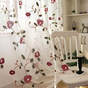 SLOW SOUL 2 Panels Violet Red Flowers Leaves Sheer Curtain Embroidered Window Curtains Gorgeous Drapes for Living Room Bedroom with Rod Pocket 52W X 96L inch
