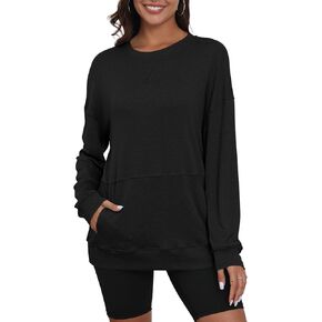 Poetsky Womens Casual Crewneck Shirts Long Sleeve Loose Fit Cute Pullover Tops with Pocket