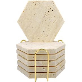 Marble Coasters for Drinks with Metal Holder - Made of Selected Natural Marble as Luxury Home Decor Gifts (Set of 4pcs) (Hexagonal, Emerald Green)
