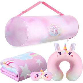 Unicorn Travel Blanket and Pillow Set for Kids Unicorn Airplane Blanket Soft Kids Neck Pillow Eye Mask and Adjustable Storage Bag Cute Travel Accessories for Girl Airplane Car Trip Home Use