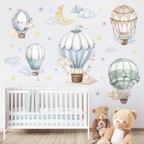 wondever Watercolor Hot Air Balloon Wall Stickers Star Moon Cloud Balloons Peel and Stick Wall Art Decals for Baby Nursery Kids Bedroom
