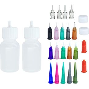 Xmasir Multi Purpose Precision Applicator JAC Bottle for Henna Set 2 pcs 1 Oz.Bottle with 4 pcs Caps and 16 pcs Needle Tips Sizes