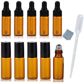 10pcs 5ml 1/6oz Amber Mini Glass Bottle Amber Sample Vial Small Essential Oil Bottle with Glass Eye Dropper + Roller on Perfume bottle 1pc Clean Cloth + 1pc 3ml dropper