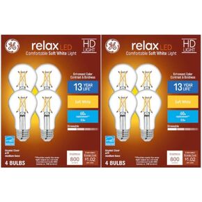 GE Relax 8-Pack A19 60 Watt Equivalent Crystal Clear Soft White Dimmable LED Light Bulbs