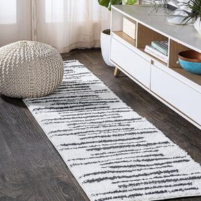 JONATHAN Y MOH406A-4 Petra Stripe Geometric Shag Indoor Area-Rug Bohemian Contemporary Glam Easy-Cleaning Bedroom Kitchen Living Room Non Shedding, 4 X 6, White/Black