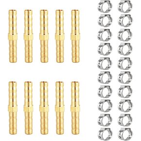 Hose Barb Fitting 5/16" Hose ID,Hex Union Brass Fitting Water/Fuel/Air with 20 Stainless Steel Clamps(Pack of 10)