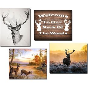 Rustic Home Hunting Wall Decor - 4 Piece Deer Quote Set - Art Prints Decorations Painting for Bedroom, Man Cave, Hunting Room, Kitchen, Basement, Bathroom, Farmhouse, Shelf, Living Room, Desk, Office